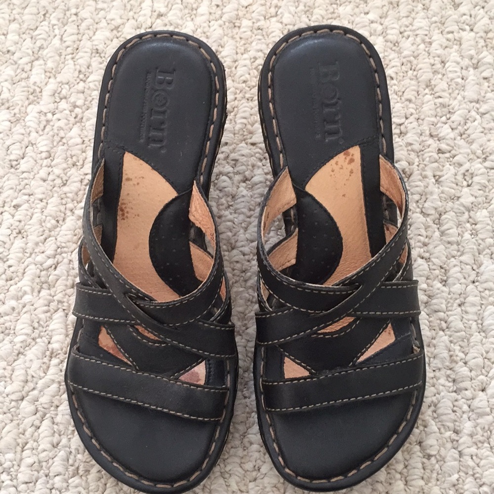 Black Born wedge sandals lightly wore in house